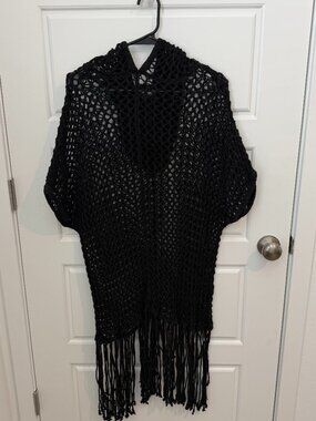 Jonny Cota Studio Black Crochet Fringe Poncho Open Knit Boho Festival Cover Up
